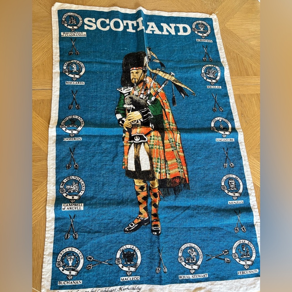 Vtg Scottish cotton & linen Scotland tea towel turquoise
